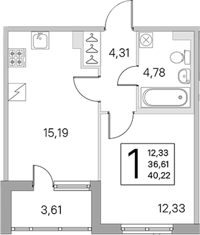 1-комнатная квартира 36.61 м², 1/5 эт., ЖК «ЮгТаун. Олимпийские кварталы»